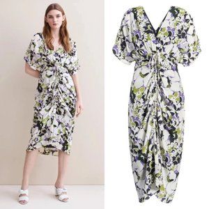 Lewit Ruched Floral Silk Midi Dress
